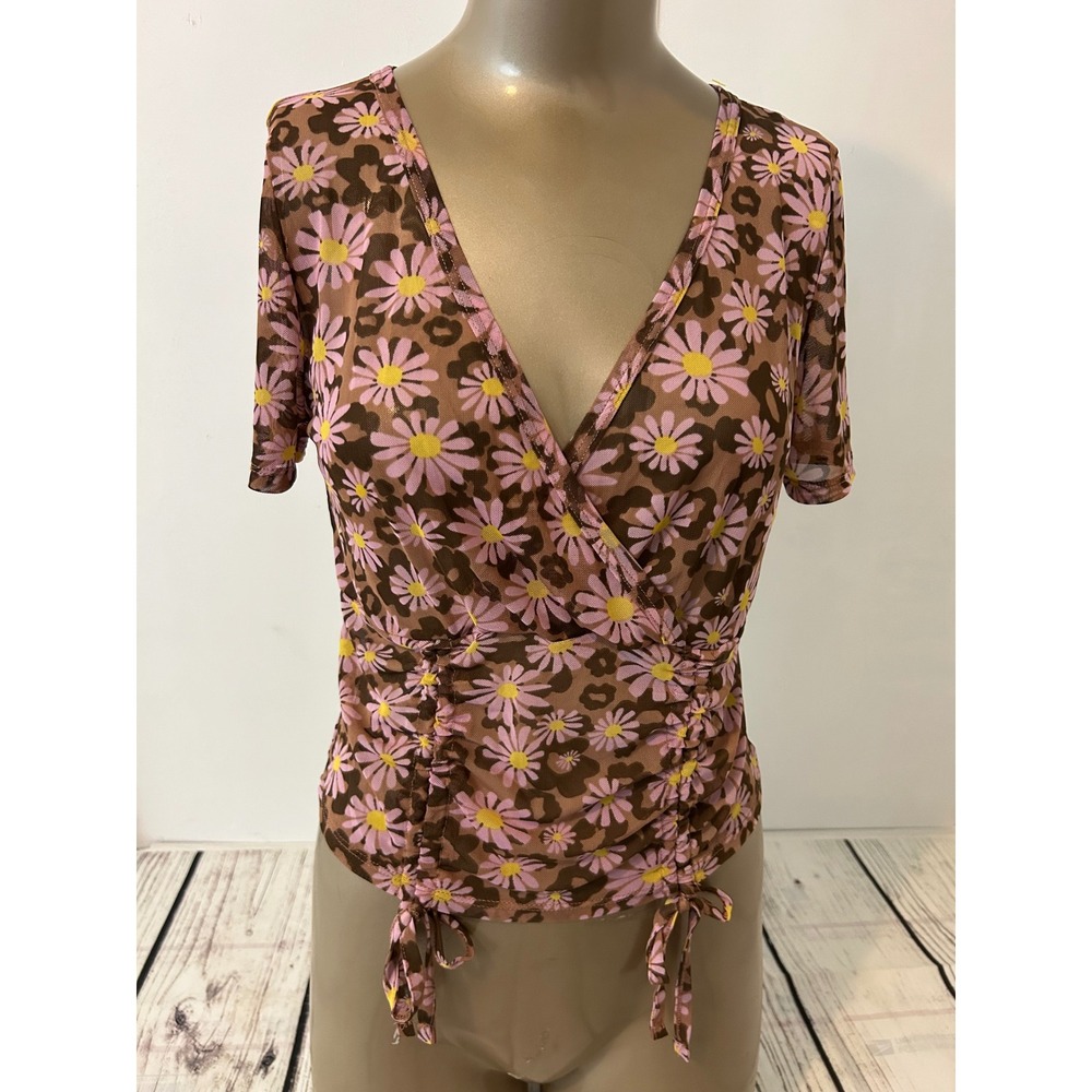 Social Scene Mesh Top XL Brown Pink Daisy Leopard Ruched Side Tie Surplice VNeck